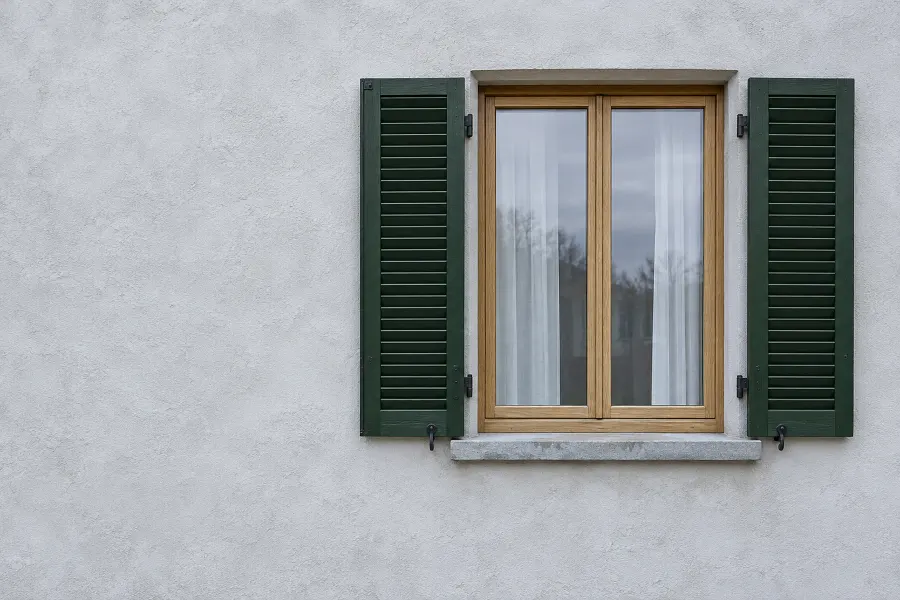 Grüne Fensterläden mit Lamellen links und rechts eines Holzfensters