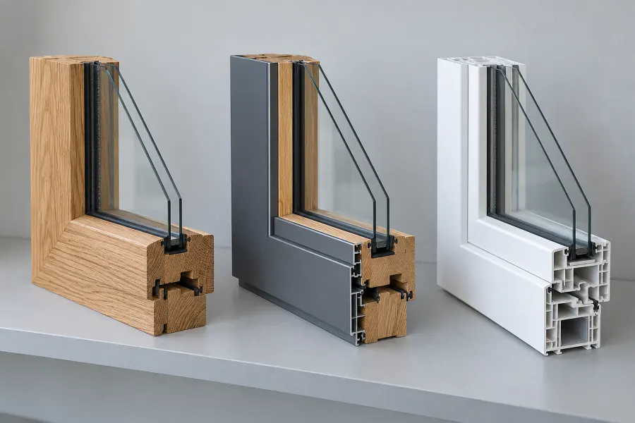 Drei Fenster-Eckmuster nebeneinander: Holz, Holz mit Aluminiumschale und Kunststoff, jeweils mit Zweifachverglasung im Schnitt
