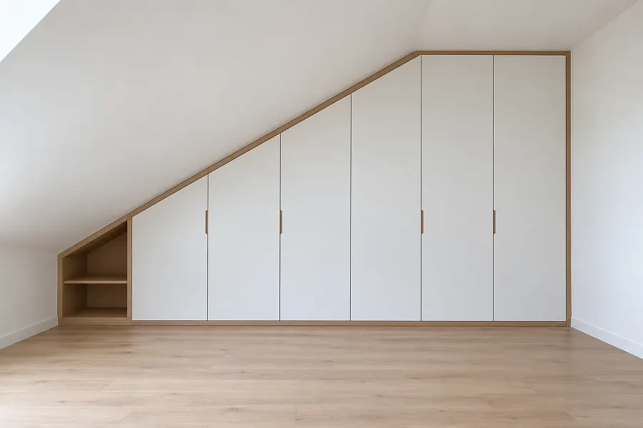 Weißer Einbauschrank mit Eichenkante, passgenau unter einer Dachschräge