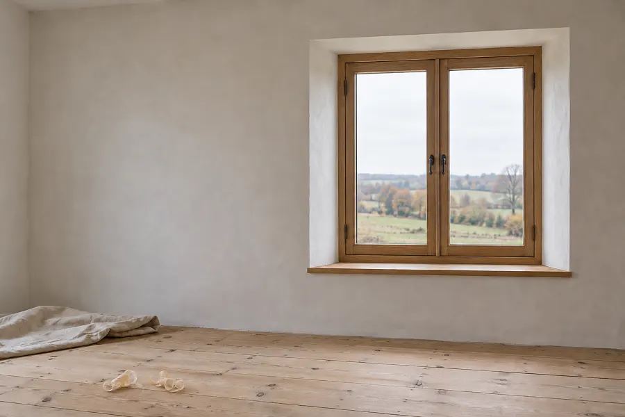 Zweiflügeliges Holzfenster in einer frisch verputzten Laibung, draußen Felder