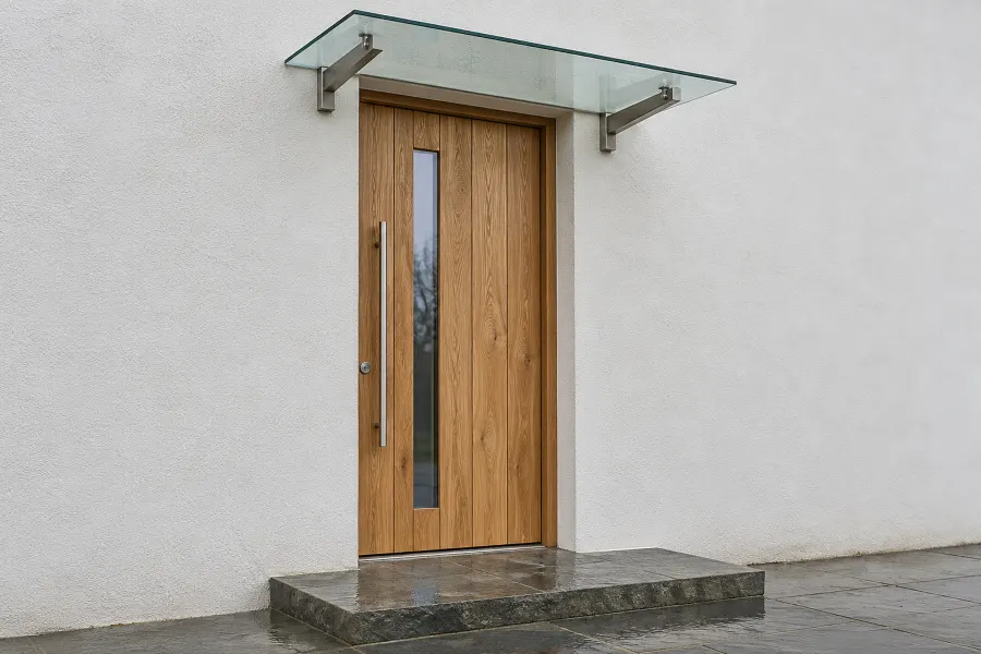 Haustür aus Eiche mit schmalem Glasstreifen unter einem Glasvordach mit Edelstahlhaltern